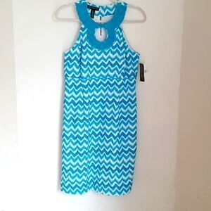NWT INC International Women's Sheath Dress Blue Chevron Beaded Keyhole Size 10